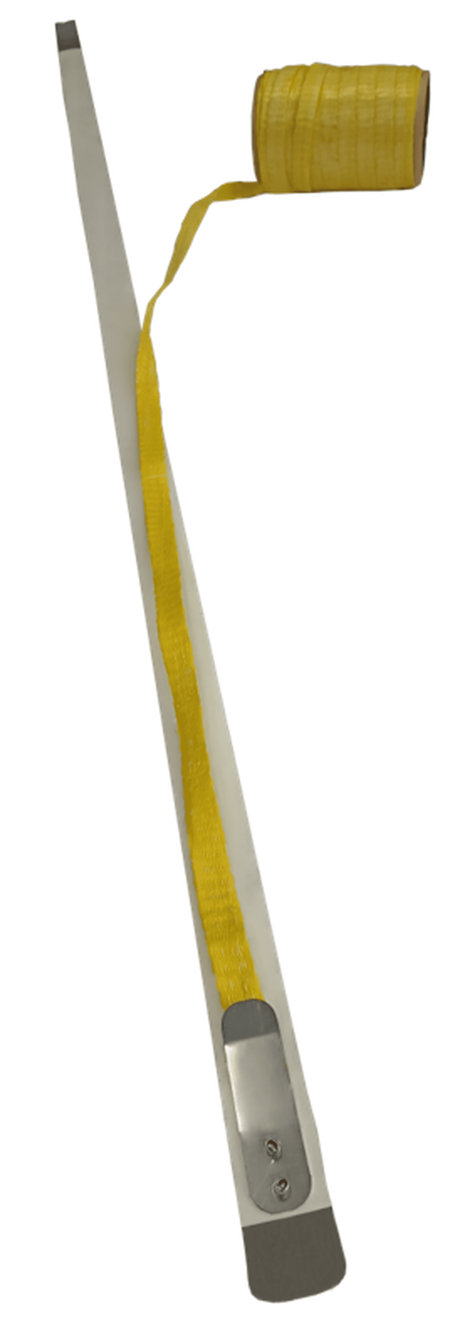 Strap threading tool under pallet (V)